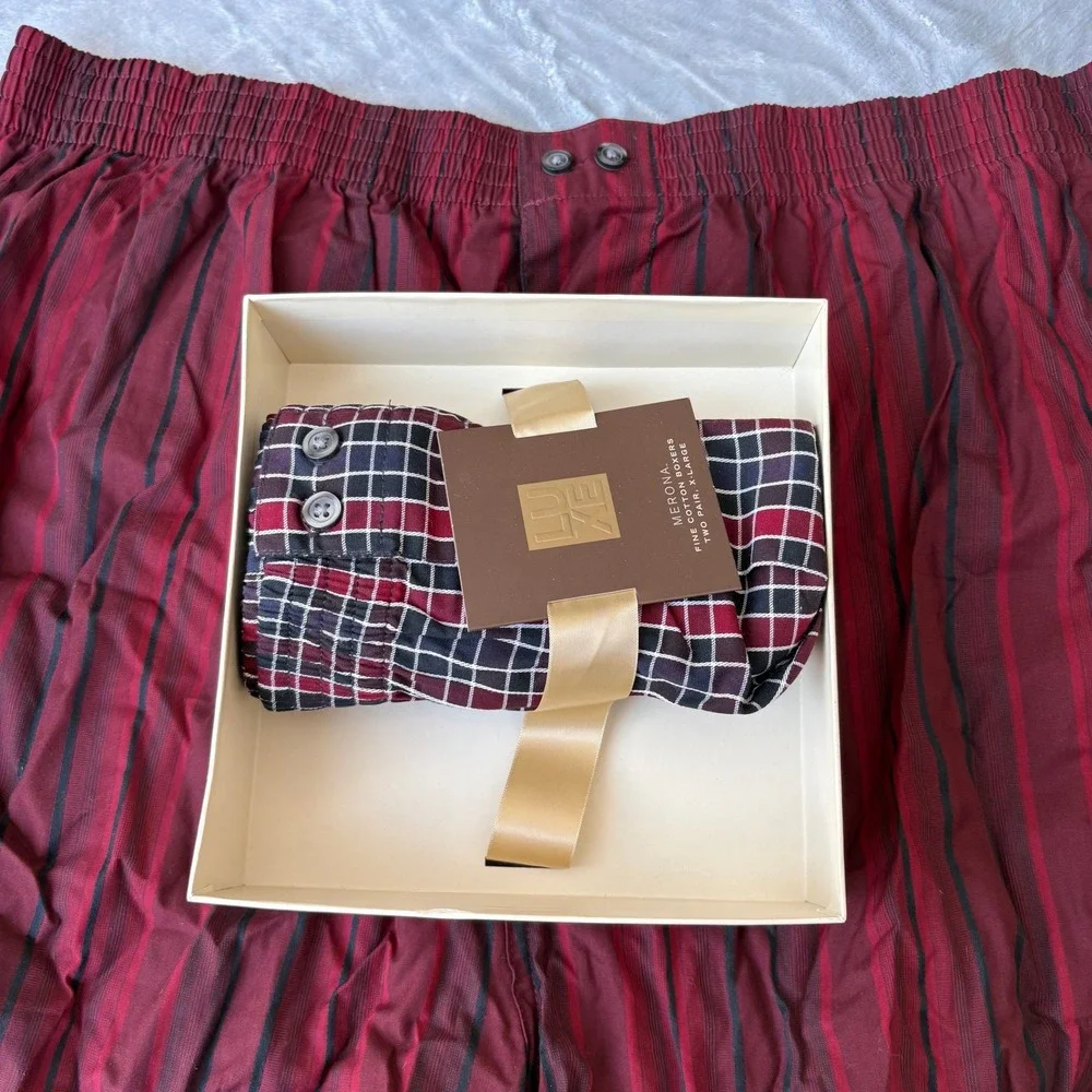 Merona Luxe Mens 2-Pack Fine Cotton Boxers Burgundy Plaid Striped XL Gift Box